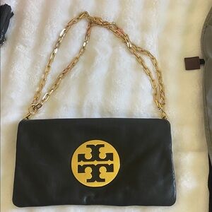Tory Burch Black Leather Clutch with Gold Logo Chain